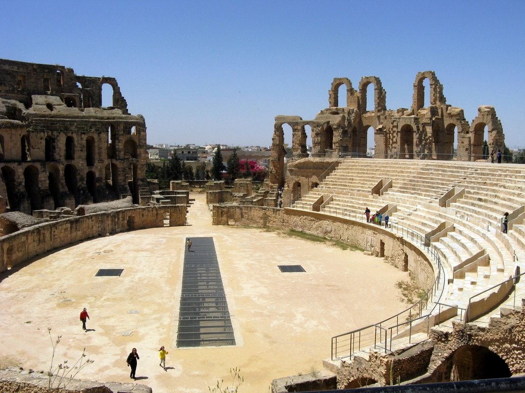 The Roman amphitheatre of El Jem in Tunisia seen from inside the arena